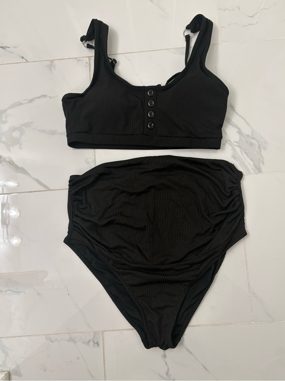 Maternity Ribbed High-Waist Bikini Set - Black